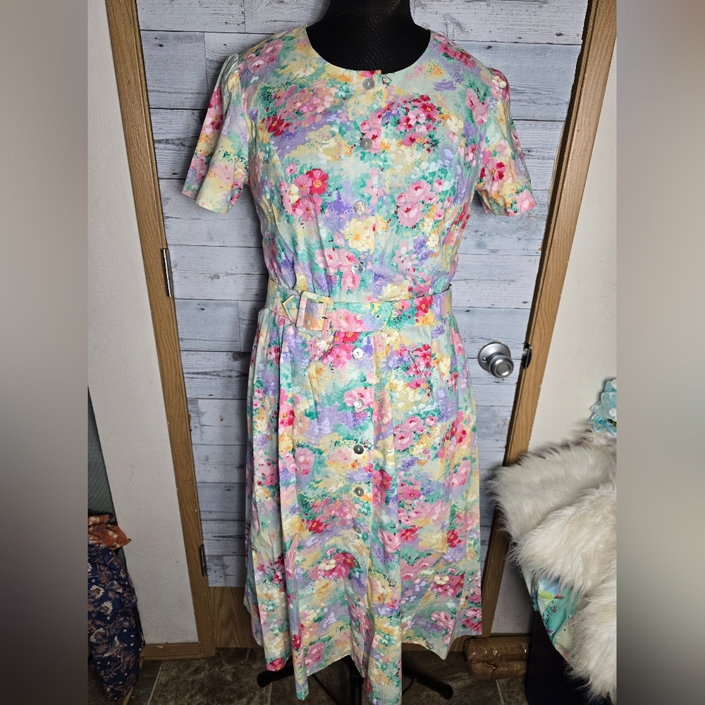 Vtg 90s Willow Ridge Pastel Floral Midi Dress Cottagecore Prairie Cotton